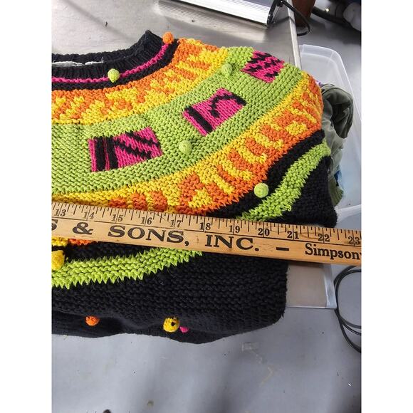 Vtg Tarazzia 80s 3D Knit Sweater FairIsle Women L PomPom Rainbow Artsy Whimsical - Picture 7 of 8